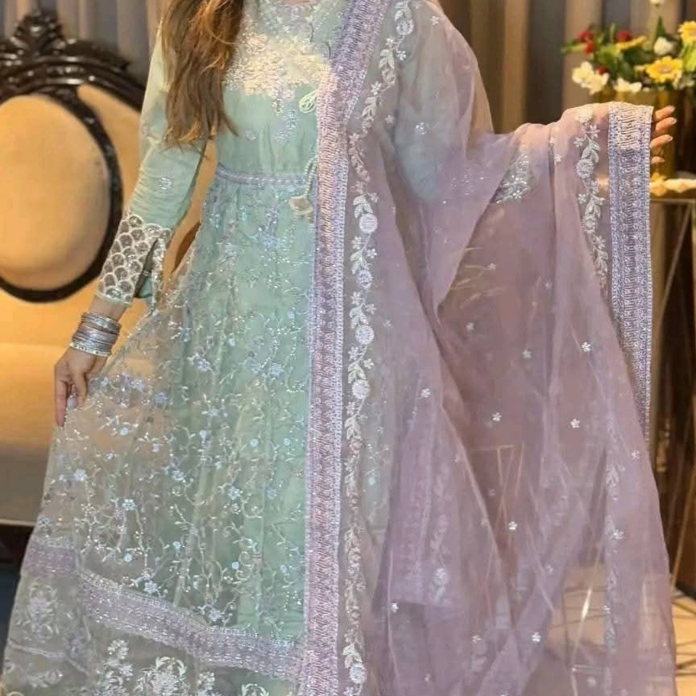 Exquisite Mint and Lavender Embroidered Wedding Dress
